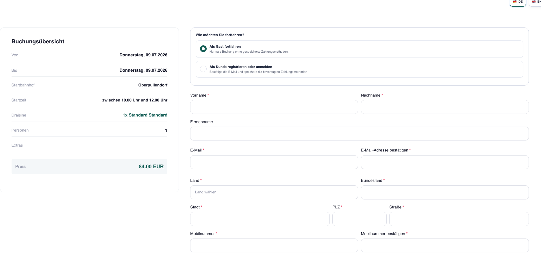 Rental online form checkout and booking overview
